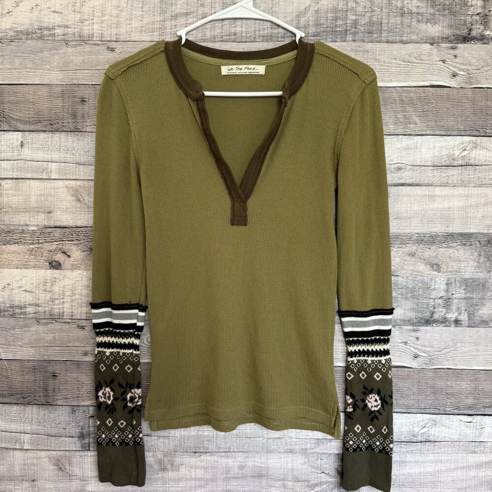 Free People Woman’s XS Mikah Layering Cuff Thermal Top Henley Neck Green Combo
